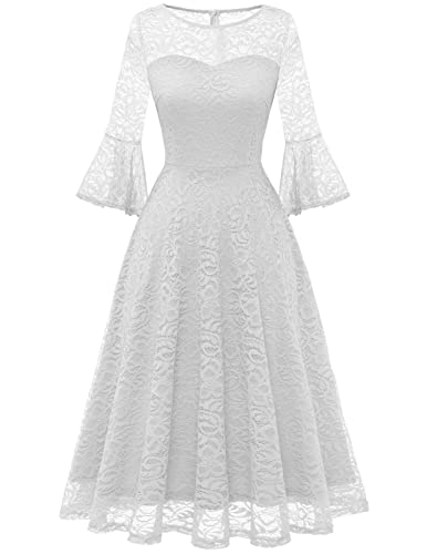 DRESSTELLS Damen Cocktailkleid 3/4 Ärmel Rundhals Knielang Abendkleid Party Midi Ballkleid Spitzenkleid Jugendweihe Kleider White S von DRESSTELLS