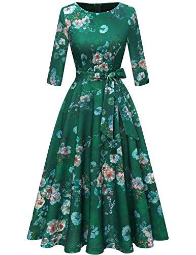 DRESSTELLS Damen Abendkleid 3/4 Arm Festliches Partykleid 1950s Retro Kleid Brautmutterkleid mit Gurtel Retro Faltenrock Knielang Midilang Abendkleid Green Flower S von DRESSTELLS