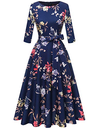 DRESSTELLS Damen Kleid festlich Knielang Standesamt Cocktailkleid Langarm Festliches Partykleid mit Gurtel Retro Faltenrock Knielang Midilang Navy Flower XS von DRESSTELLS