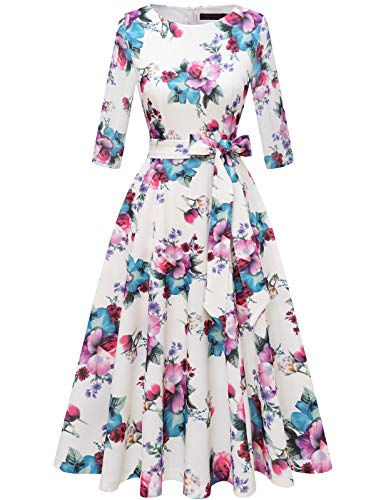 DRESSTELLS Damen Vintage Retro Kleider Elegant Swing A-Line Kleid Abendkleider Langarm Cocktailkleid Festlich Midilang Abendkleid kurz White Flower M von DRESSTELLS