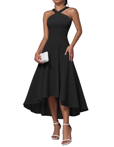 DRESSTELLS Cocktailkleid Damen Elegant Schwarz Vokuhila Kleider Neckholder Rockabilly Partykleid Abendkleider Kurz Festlich Hochzeitsgastkleid Abschlusskleid Black L von DRESSTELLS