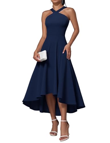 DRESSTELLS Damen Cocktailkleid Formaler Halfter Hochtief Kleider Hochzeit Gast Abend Party Graduierung Kleid Navy L von DRESSTELLS