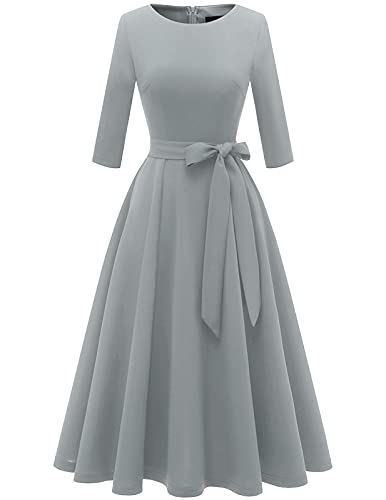 DRESSTELLS Damen Cocktailkleid Konfirmationskleider Festliche Partykleider Midilang Cocktailkleid Abendkleid mit Gurtel Retro Langarm Faltenrock Grey 2XL von DRESSTELLS