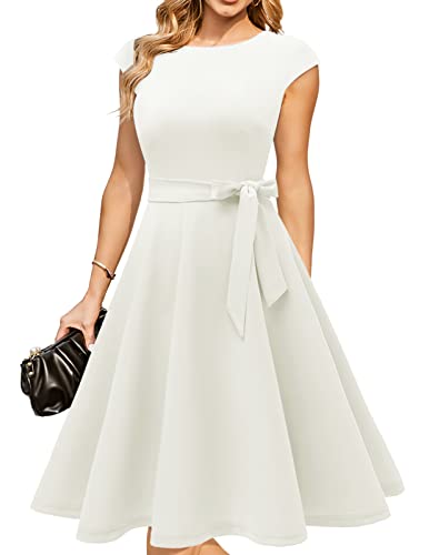 DRESSTELLS Cocktailkleid Damen Weiß Abendkleid Kurz Elegant 1950er Knielang Rockabilly Hochzeitkleid Vintage A-Line Swing Festlich Midilang Sommer Kleid White XL von DRESSTELLS