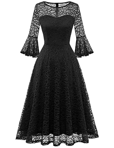 DRESSTELLS Damen Cocktailkleid Rundhals Ballkleid Elegant Cocktailkleid 3/4 Ärmel Hochzeit Party Midi Abendkleid mit Spitze Black L von DRESSTELLS