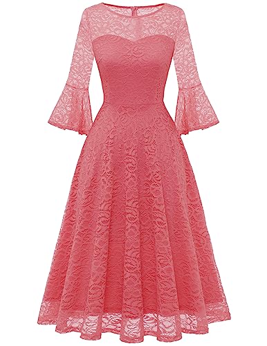 DRESSTELLS Damen Cocktailkleid Rundhals Ballkleid Elegant Cocktailkleid 3/4 Ärmel Hochzeit Party Midi Abendkleid mit Spitze Coral L von DRESSTELLS