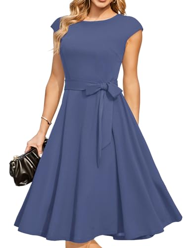 DRESSTELLS Cocktailkleid Damen Elegant 1950er Knielang Rockabilly Hochzeitkleid Abendkleid Kurz Vintage A-Line Swing Festlich Midilang Sommer Kleid Greyblue 2XL von DRESSTELLS