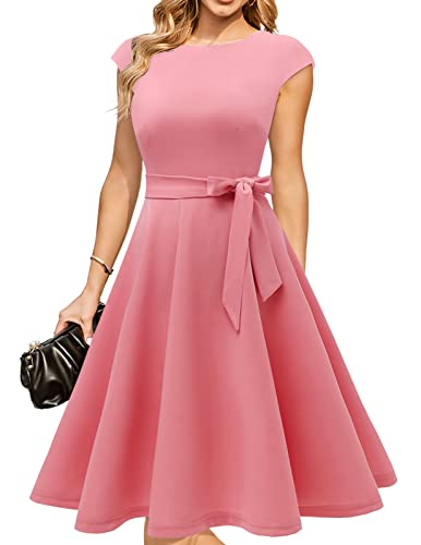 DRESSTELLS Cocktailkleid Damen Elegant 1950er Knielang Rockabilly Hochzeitkleid Abendkleid Kurz Vintage A-Line Swing Festlich Midilang Sommer Kleid Peach XL von DRESSTELLS