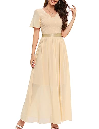 DRESSTELLS Damen Elegant Abendkleider Hochzeit V-Ausschnitt Cocktailkleid Maxi Brautjunferkleid Champagne L von DRESSTELLS