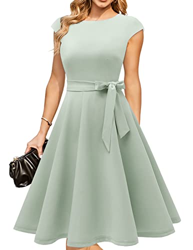 DRESSTELLS Cocktailkleid Damen Elegant Hellgrün 1950er Knielang Rockabilly Hochzeitkleid Vintage Abendkleid Kurz Swing Festlich Midilang Sommer Kleid LightGreen L von DRESSTELLS