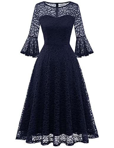 DRESSTELLS Damen Elegant Cocktailkleid 3/4 Ärmel Hochzeit Party Brautjungfernkleid Abendkleid Spitzenkleid Navy L von DRESSTELLS