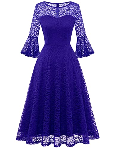 DRESSTELLS Damen Elegant Cocktailkleid 3/4 Ärmel Hochzeit U-Ausschnitt Abendkleid Spitzenkleid Brautjungfernkleid Royal Blue S von DRESSTELLS