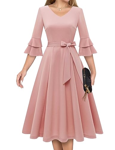 DRESSTELLS Damen Elegant Cocktailkleid Ballkleider für Jugendliche mit niedlichem Glockenärmel Cocktailkleider für Hochzeitsgast Blush 2XL von DRESSTELLS