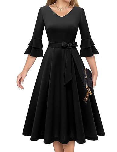 DRESSTELLS Damen Elegant Cocktailkleid Langarm Brautjungfernkleid Klassisch und vielseitig Stil 50er Jahre Kleider für Frauen Vintage Homecoming Ballkleid für Teens Black L von DRESSTELLS