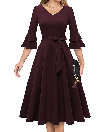 DRESSTELLS Damen Elegant Cocktailkleid Langarm Brautjungfernkleid Klassisch und vielseitig Stil 50er Jahre Kleider für Frauen Vintage Homecoming Ballkleid für Teens Burgundy L von DRESSTELLS