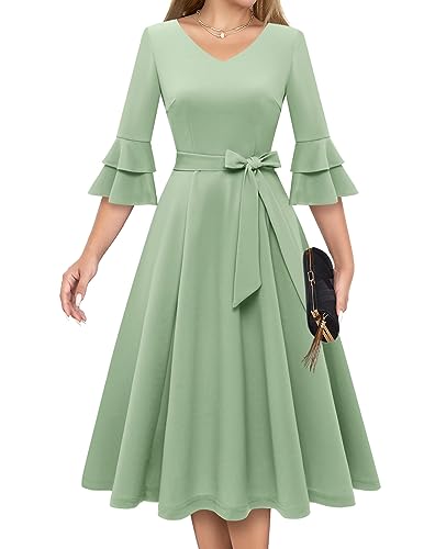 DRESSTELLS Damen Elegant Cocktailkleid Langarm Brautjungfernkleid Klassisch und vielseitig Stil 50er Jahre Kleider für Frauen Vintage Homecoming Ballkleid für Teens LightGreen L von DRESSTELLS