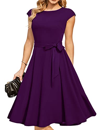 DRESSTELLS Cocktailkleid Damen Elegant 1950er Knielang Rockabilly Hochzeitkleid Vintage A-Line Swing Festlich Midilang Sommerkleid Abendkleid Kurz Grape 2XL von DRESSTELLS