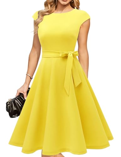 DRESSTELLS Cocktailkleid Damen Gelb Elegant 1950er Knielang Rockabilly Hochzeitkleid Abendkleid Kurz Vintage A-Line Swing Festlich Midilang Sommer Kleid Yellow 2XL von DRESSTELLS