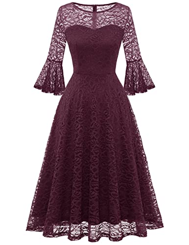 DRESSTELLS Damen Elegant Kleid Cocktailkleid 3/4 Ärmel Hochzeit Party Midikleid Rundhals Knielang Abendkleid Konfirmationskleid Burgundy M von DRESSTELLS