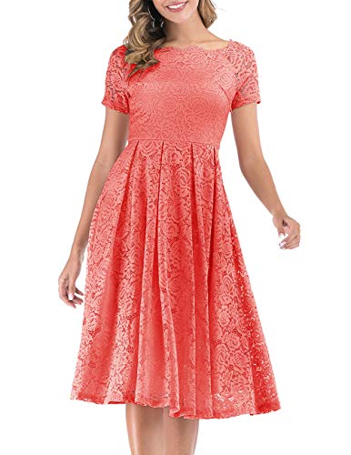 DRESSTELLS Damen Elegant FüR Hochzeit A Linie Spitzenkleid, Cocktailkleider Festlich, Knielang Abendkleider, Schulterfrei Abendkleider, kurzärmelig Swing Faltenrock, Coral M von DRESSTELLS