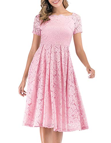 DRESSTELLS Damen Elegant FüR Hochzeit A Linie Spitzenkleid, Cocktailkleider Festlich, Knielang Abendkleider, Schulterfrei Abendkleider, kurzärmelig Swing Faltenrock, Pink L von DRESSTELLS