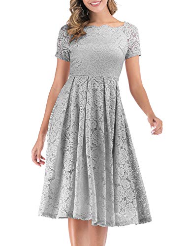 DRESSTELLS Damen Elegant FüR Hochzeit A Linie Spitzenkleid, Cocktailkleider Festlich, Knielang Abendkleider, Schulterfrei Abendkleider, kurzärmelig Swing Faltenrock, Silver 3XL von DRESSTELLS