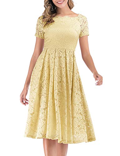 DRESSTELLS Damen Elegant FüR Hochzeit A Linie Spitzenkleid, Cocktailkleider Festlich, Knielang Abendkleider, Schulterfrei Abendkleider, kurzärmelig Swing Faltenrock, Yellow 3XL von DRESSTELLS