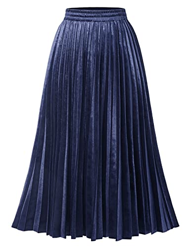 DRESSTELLS Marineblaue Samtfaltenröcke für Frauen, Marineblauer Herbst Winter Faltenrock Midi Länge Marine L ​ von DRESSTELLS