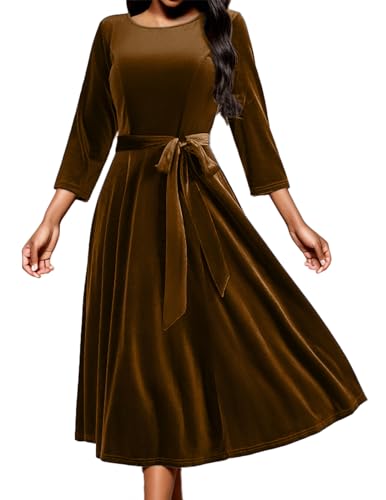 DRESSTELLS Damen Elegant Samtkleid Weihnachtskleid Festliche Kleider Vintage Retro Kleider Hochzeit Abendkleid Velvet Brown M von DRESSTELLS