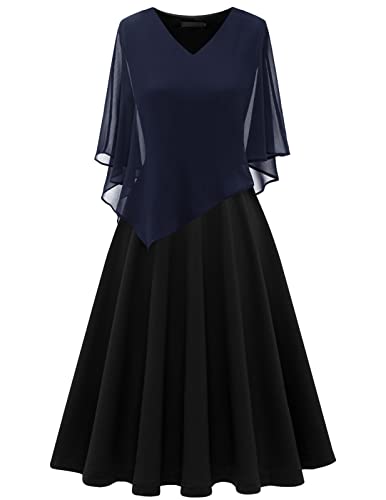 DRESSTELLS Damen Festliche Kleider Abendkleid übergröße Chiffon Cape Elegant Cocktailkleid Hochzeit V-Ausschnitt Knielang A-Linie Große Größe Kleid Navy Black L von DRESSTELLS