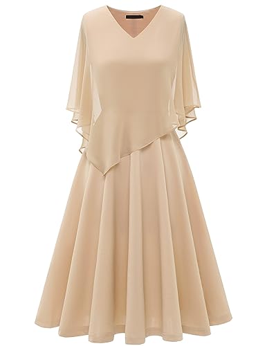 DRESSTELLS Damen Festliche Kleider für Frauen Große Größe Chiffon Cape Elegant Cocktailkleid Hochzeit V-Ausschnitt Knielang A-Linie Sommer Kleid Champagne 2XL von DRESSTELLS