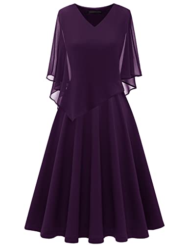 DRESSTELLS Damen Festliche Kleider für Frauen Große Größe Chiffon Cape Elegant Cocktailkleid Hochzeit V-Ausschnitt Knielang A-Linie Sommer Kleid Grape 2XL von DRESSTELLS