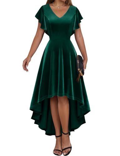 DRESSTELLS Elegant Samtkleid Damen Hi-Lo Große Größe Ballkleid Formell Abendkleid Vintage Cocktailkleid A-Linie Midikleid Velvet Dark Green 2XL von DRESSTELLS