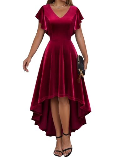 DRESSTELLS Formell Abendkleid Damen Vintage Samtkleid Elegant Hochzeitskleid Rüschen V-Ausschnitt Cocktailkleid Hi-Lo Ballkelid Velvet Dark Red S von DRESSTELLS