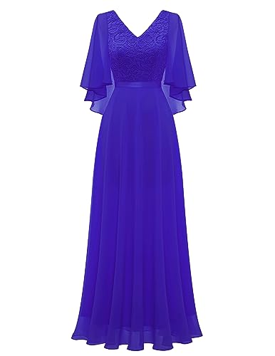 DRESSTELLS Damen Formelle Kleider Hochzeitsgast Chiffon Cape Ärmel Brautjungfer Kleider Abendkleider Royal Blue 2XL von DRESSTELLS