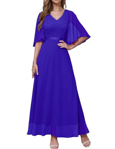 DRESSTELLS Abendkleid Damen Festlich Spitzenkleid für Hochzeit Chiffon Cape Ärmel Ballkleid Elegant Lang Brautkleid Standesamt Partykleid mit V-Rücken Royalblue XL von DRESSTELLS