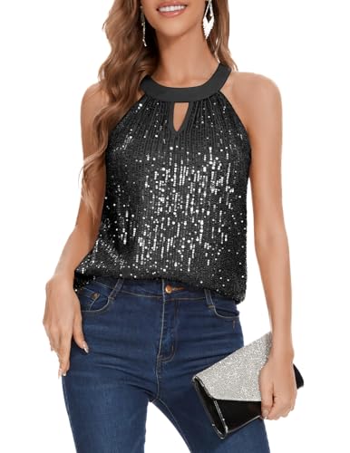 DRESSTELLS Glitzer Oberteile Damen Neckholder Top Pailletten Oberteil Schwarz Ärmellose Bluse Elegant Glitzertop Frauen Sommer Party Outfit Sexy Disco Tshirt Black M von DRESSTELLS