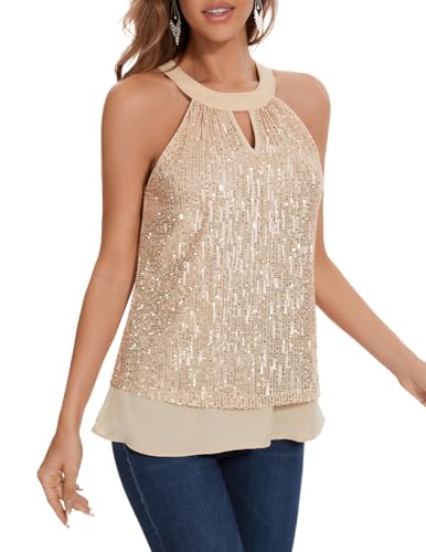 DRESSTELLS Glitzer Oberteile Damen Neckholder Top Pailletten Oberteil Ärmellose Bluse Elegant Glitzertop Frauen Sommer Party Outfit Sexy Disco Tshirt Champagne XL von DRESSTELLS