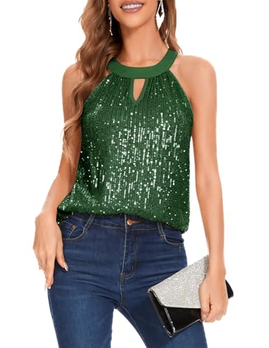 DRESSTELLS Glitzer Oberteile Damen Neckholder Top Pailletten Oberteil Grünes Ärmellose Bluse Elegant Glitzertop Frauen Sommer Party Outfit Sexy Disco Tshirt Dark Green S von DRESSTELLS