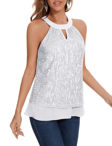 DRESSTELLS Glitzer Oberteile Damen Neckholder Top Pailletten Oberteil Silber Ärmellose Bluse Elegant Glitzertop Frauen Sommer Party Outfit Sexy Disco Tshirt Silver L von DRESSTELLS