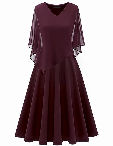 DRESSTELLS Damen Große Größe Abendkleid Chiffon Cape Elegant Jugendweihe Kleider Hochzeit V-Ausschnitt Knielang A-Linie Sommer Cocktailkleideid Burgundy 2XL von DRESSTELLS