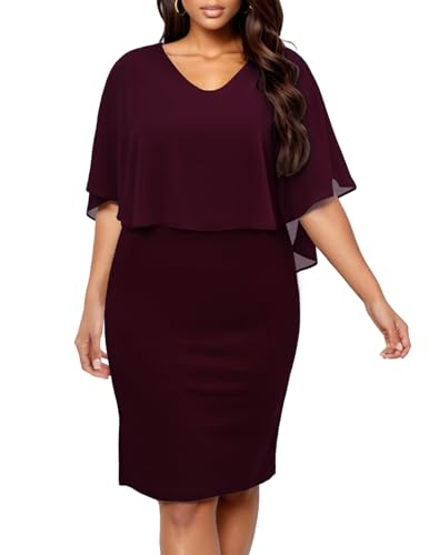 DRESSTELLS Damen Große Größe Abendkleid Chiffon Cape Elegant Jugendweihe Kleider Hochzeit V-Ausschnitt Knielang A-Linie Sommer Cocktailkleideid Burgundy XL von DRESSTELLS