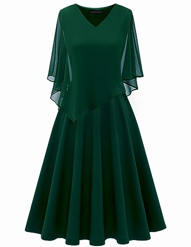 DRESSTELLS Damen Große Größe Abendkleid Chiffon Cape Elegant Jugendweihe Kleider Hochzeit V-Ausschnitt Knielang A-Linie Sommer Cocktailkleideid Dark Green 2XL von DRESSTELLS