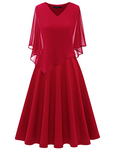 DRESSTELLS Damen Große Größe Abendkleid Chiffon Cape Elegant Jugendweihe Kleider Hochzeit V-Ausschnitt Knielang A-Linie Sommer Cocktailkleideid Red M von DRESSTELLS