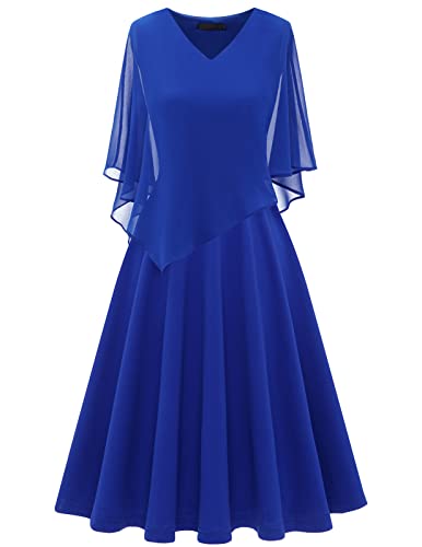 DRESSTELLS Damen Große Größe Abendkleid Chiffon Cape Elegant Jugendweihe Kleider Hochzeit V-Ausschnitt Knielang A-Linie Sommer Cocktailkleideid Royalblue M von DRESSTELLS