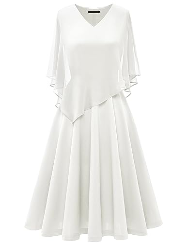 DRESSTELLS Damen Große Größe Abendkleid Chiffon Cape Elegant Jugendweihe Kleider Hochzeit V-Ausschnitt Knielang A-Linie Sommerkleid für hochzeitsgäste White M von DRESSTELLS