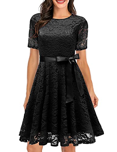 DRESSTELLS Damen Brautjungfernkleid Rundhals Ballkleid Abendkleid Kurz Spiztenkleid Kurzarm Swing A-Linie Knielang Cocktailkleid für Hochzeit Ballkleid Schwarz Black XL von DRESSTELLS