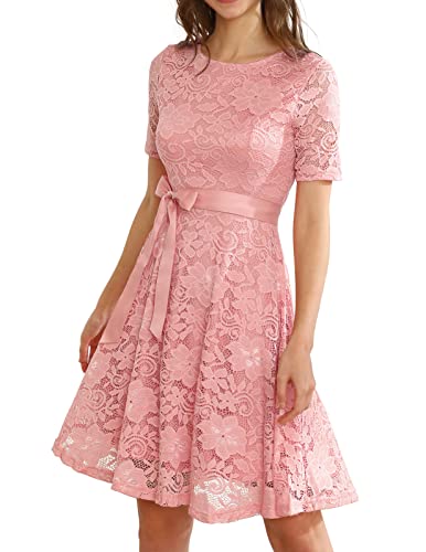 DRESSTELLS Damen Vintage Retro Ccoktailkleid 50er Jahre Kleider Festliches Spitzenkleid Abendkleider Ballkleid Kurzarm A-Linie Cocktailkleid Blush 3XL von DRESSTELLS