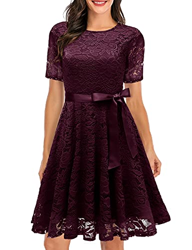 DRESSTELLS Damen Kleider Spitzenkleid Elegant Cocktailkleid für Hochzeit Festliches Ballkleid Brautjungfernkleider Knielang Abendkleider Burgundy L von DRESSTELLS