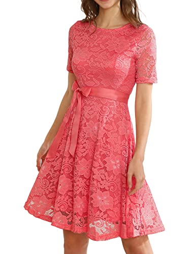 DRESSTELLS Damen Elegant Kleid Rundhals Spitze Cocktailkleid Kurzarm Swing A-Linie Partykleid Knielang Hochzeitsgastkleid Midikleid Coral M von DRESSTELLS